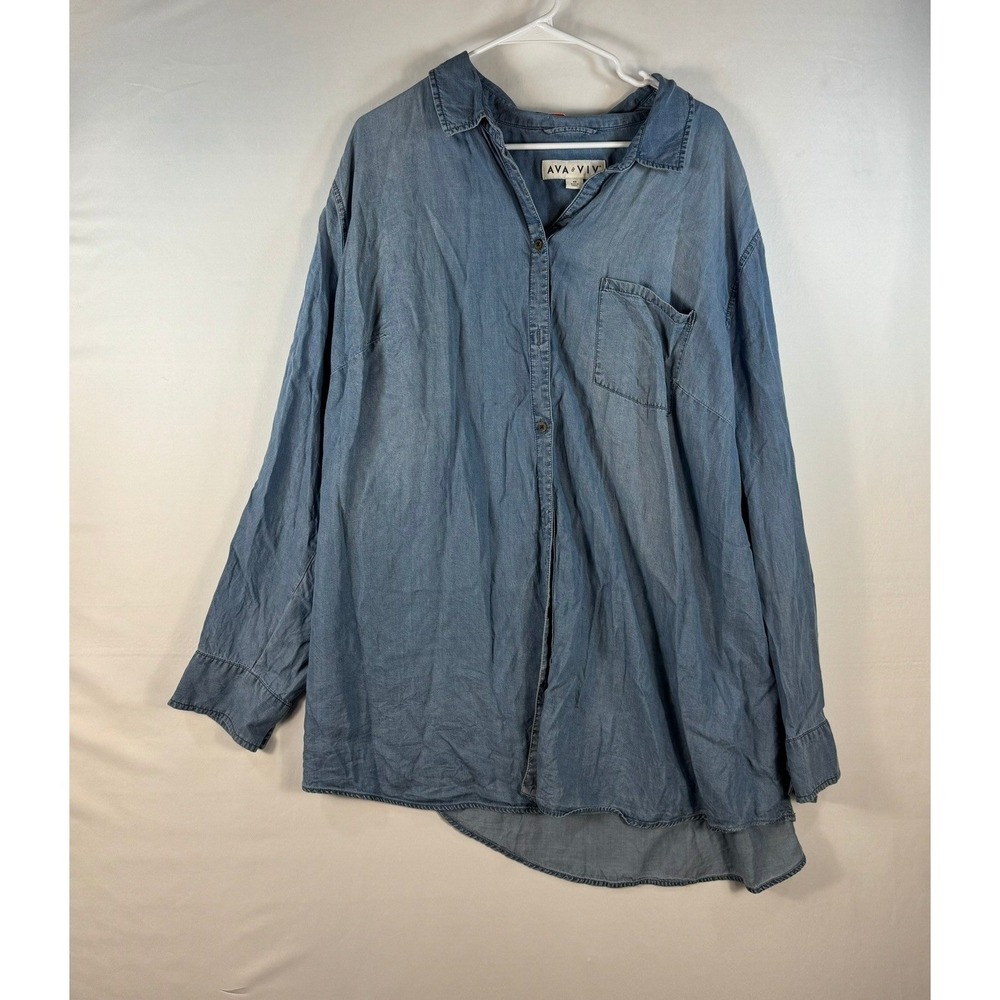 Ava & Viv Women 4X Blue Chambray Button Down Shirt Tencel Lyocell Long Sleeve